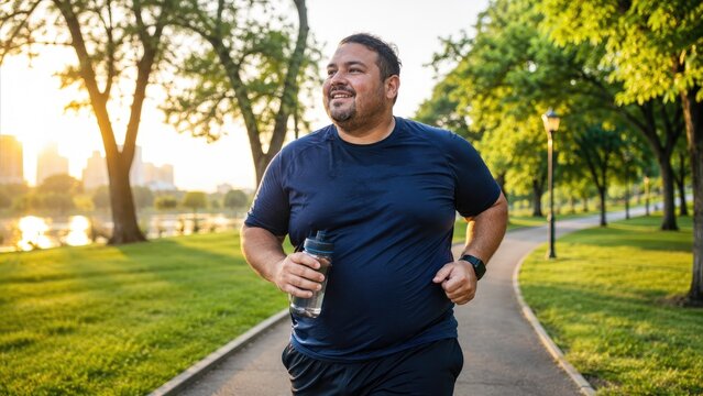 Smiling man jogging on a park path at sunrise holding a water bottle