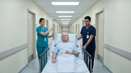 Fototapeta premium Elderly patient on a gurney escorted by medical staff in a hospital corridor, ideal for healthcare editorial and medical marketing.