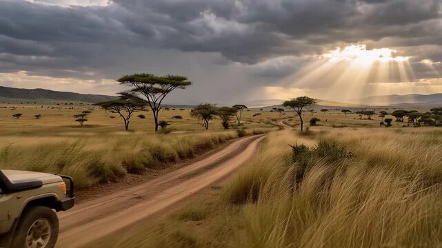 Tracking motion pan of safari jeep driving along winding dirt track through savanna grassland with sun rays breaking through storm clouds in late afternoon