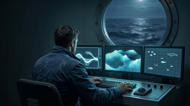 Marine biologist observing sonar monitors on a research vessel at night, offering dark negative space for oceanography and marine science.