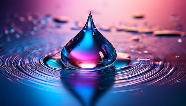 a glossy vibrant teardrop with blue pink and clear reflections