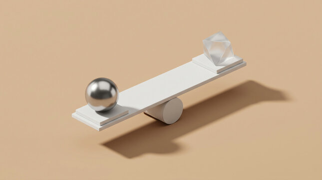 3D Isometric Seesaw Balance Concept with Metallic Sphere and Glass Crystal Polyhedron on Beige Background
