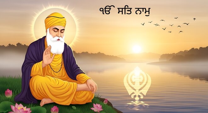 Guru Nanak Dev Ji Illustration with Glowing Khanda and Sunrise