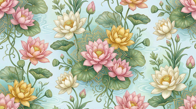 Water lily lotus flower seamless pattern in pastel watercolor style for zen inspired textiles and spa decor.