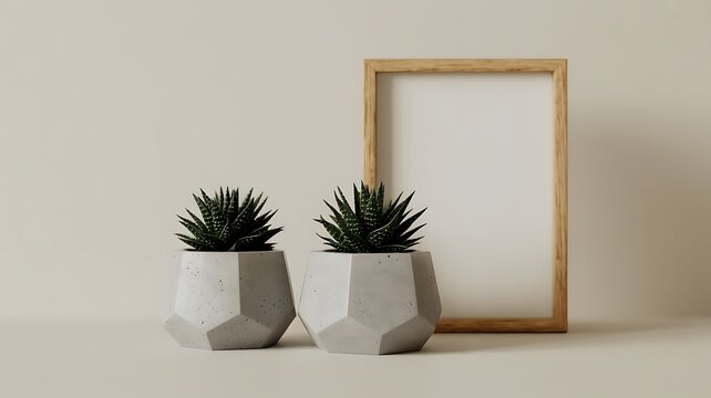 Minimalist interior decor with two small succulent plants and empty wooden frame