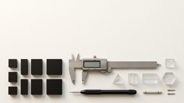 Digital Vernier Caliper Flat Lay with Precision Gauge Blocks and Optical Glass Prisms on Minimal White Background
