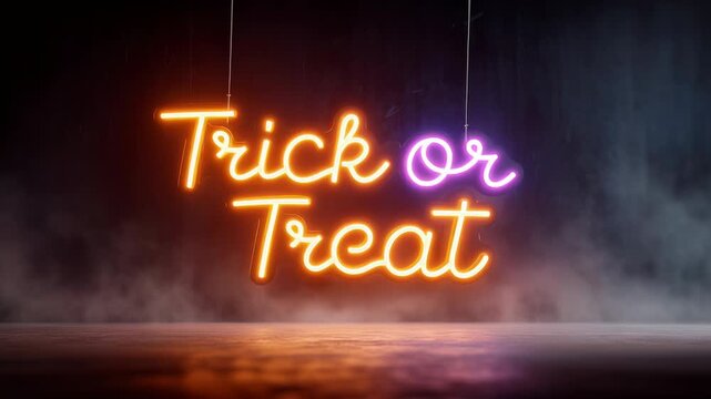 Glowing neon &ldquo;Trick or Treat&rdquo; sign illuminating a dark, smoky interior with vivid orange and purple Halloween reflections.