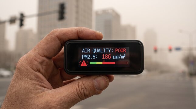 Hand holding a digital air quality monitor showing poor PM2.5 levels in a smoggy city.