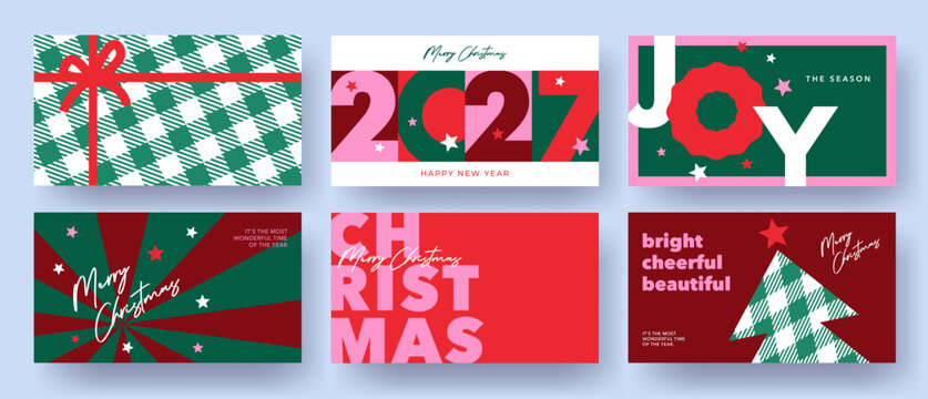Merry Christmas holiday covers or horizontal posters, greeting cards in modern geometric style for web, branding, social media advertising, promo, print, sales. Trendy Xmas layout design templates.