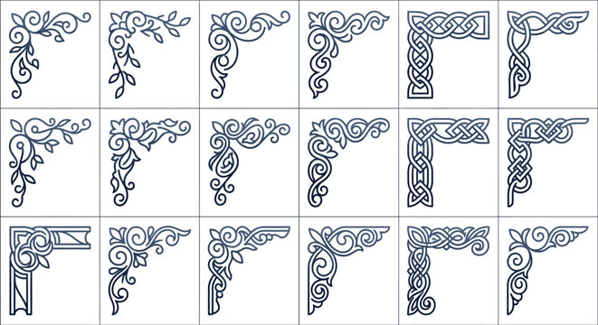 Set of decorative vintage corner ornaments and Celtic knot borders for design projects.