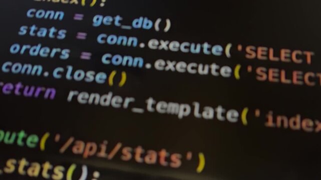 Computer screen displaying scrolling python code for web application development and database management, highlighting syntax, debugging, and programming concepts for a tech project