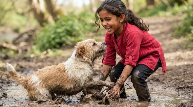 Laughing girl playing in mud with her dog. Happy child and scruffy pet covered in mud outdoors