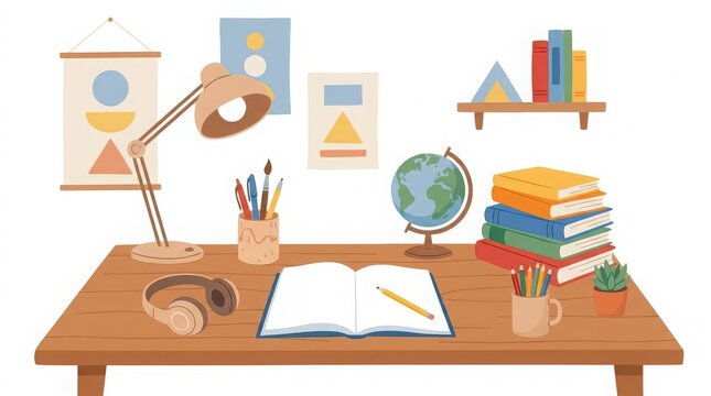 A cozy wooden desk featuring an open notebook a desk lamp a globe books and stationery in a bright room