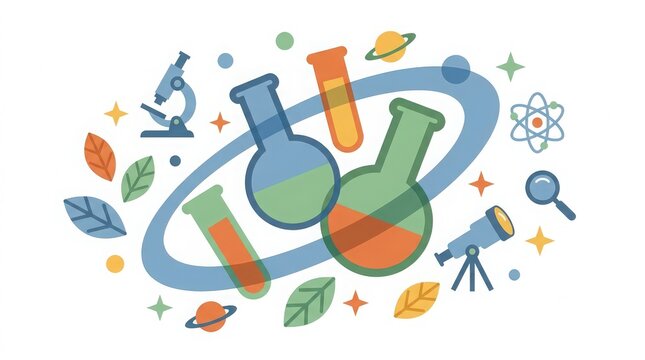 Colorful hand drawn science education illustration with laboratory glassware microscope telescope and atom symbols on a white background design