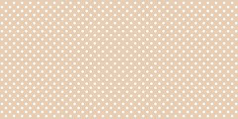 Beige polka dot seamless pattern. Ecru and white dots background. Abstract simple confetti texture for dress print, wrapping paper, fabric and textile swatch. Pastel repeated dotted wallpaper. Vector © yneetaf_07