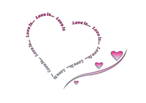 Stylized graphic illustration with a heart shape formed by repeated text and small decorative hearts. Bright pink color and modern playful design.