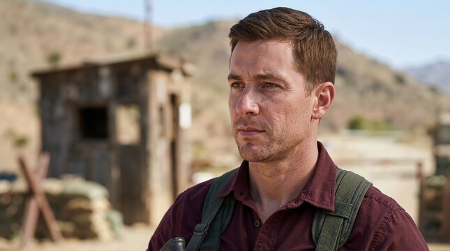Portrait of a serious male soldier standing guard at a desert checkpoint. Military personnel on duty at an arid outpost with sandbags