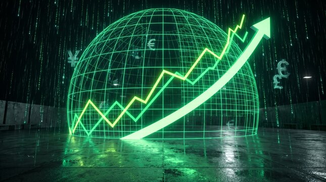 Global Finance Data Visualization with Bitcoin and Currency Symbols in Server Room