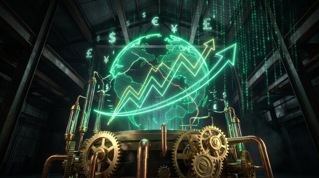Steampunk Financial Growth Concept with Global Hologram and Brass Gears