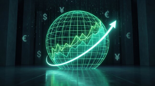 Abstract Green Globe with Rising Financial Chart and Currency Symbols