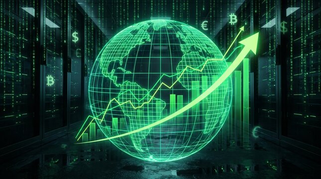 Financial Growth Concept with Glowing Globe Dome and Rising Arrow Chart