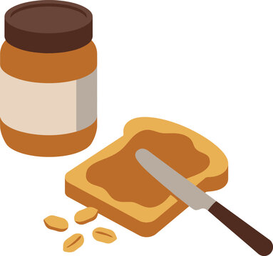 Isometric vector illustration of a peanut butter jar, a slice of toast with spread, a knife, and peanuts