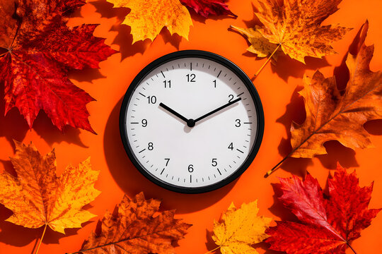 Autumn daylight savings time clock, fall season time change concept, wall clock with orange maple leaves on background
