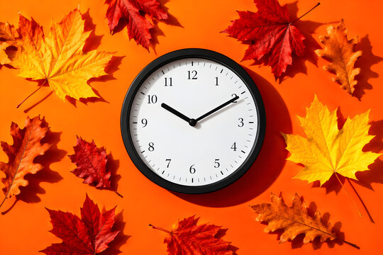 Autumn daylight savings time clock, fall leaves on orange background, seasonal time change concept for winter schedule