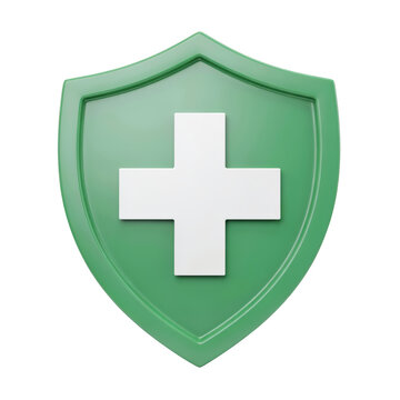 Green shield icon featuring a white medical cross symbol for healthcare protection and safety concepts isolated on a transparent background