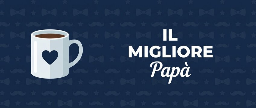 Father's Day coffee mug vector banner for Italian greeting Il Migliore Papa best dad celebration concept with heart icon, bowtie and mustache blue pattern background graphic design illustration.