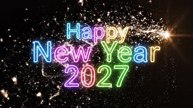 Sparkling New Year 2027 text formation with festive bokeh lights and celebratory fireworks