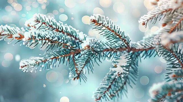 Frosty pine tree branch covered in snow against a blurred bokeh background