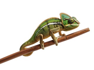 Green Chameleon Reptile Sitting on Branch Isolated on White Background © Assameboy
