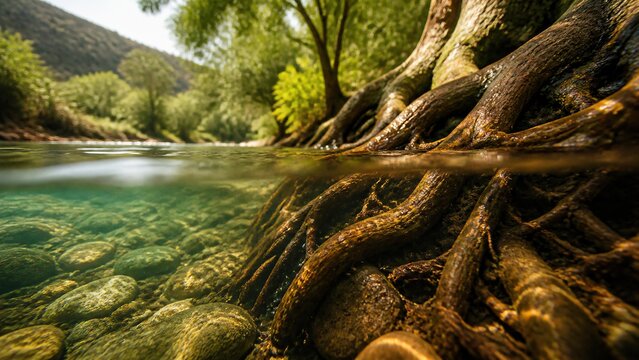Tree with strong roots growing at clear river stream. Underwater and above water view of living roots among stones