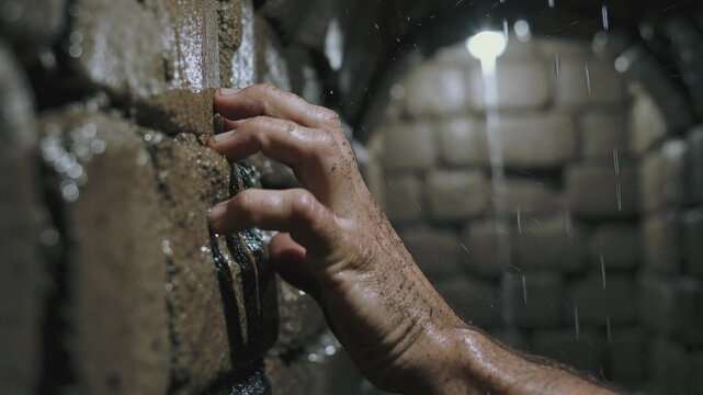 Wet hand of man touching brick wall in dark tunnel with dripping water. Closeup of dirty fingers sliding on stone wall in underground dungeon. Horror escape concept with rain falling in tunnel