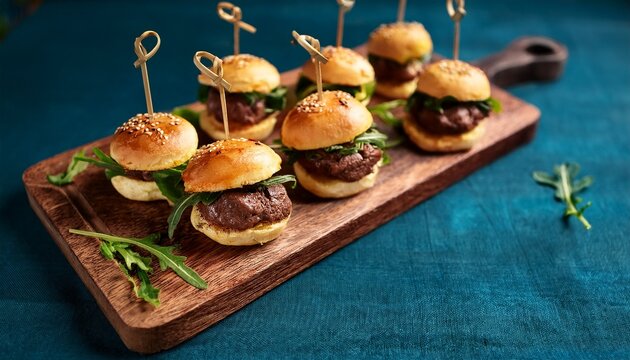 delicious mini beef sliders with cheese and fresh arugula arranged on a wooden board perfect for catering