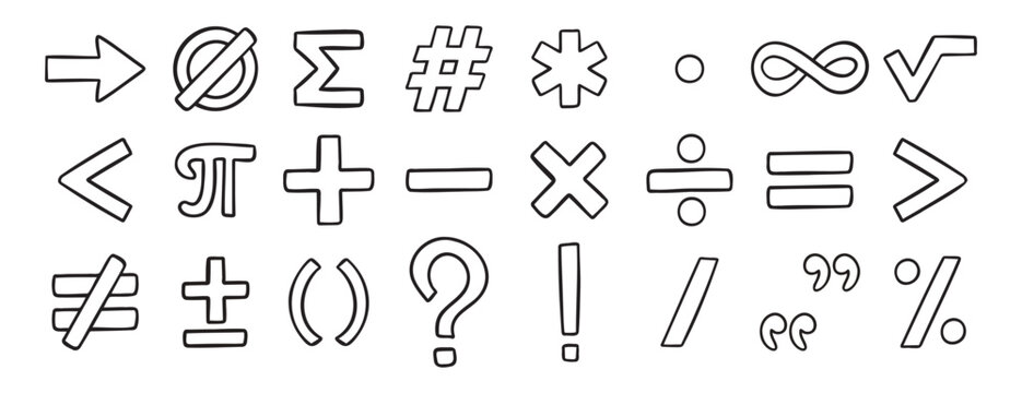 math symbols doodle hand drawn icon set. Outline drawing line clipart symbol collection