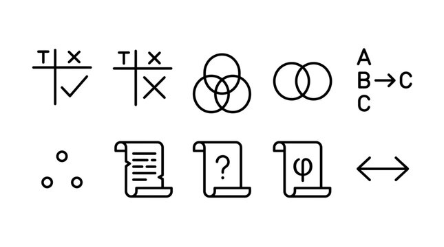 A grid of ten thinline icons depicting mathematical logical and documentrelated symbols on a white background