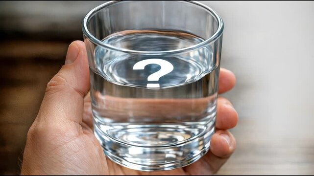 A person is puzzled, holding a glass of water with a question mark on it