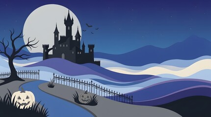 Fototapeta premium A hauntingly beautiful halloween night scene depicts a spooky castle silhouetted against a large full moon with eerie fog rolling