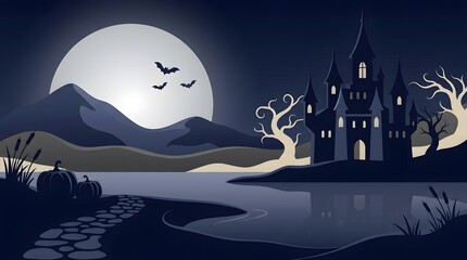 Fototapeta premium A spooky halloween night scene featuring a dark castle silhouetted against a full moon with flying bats and bare trees