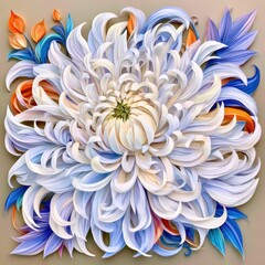 Obraz premium Flower and nature Paper Quilling Concept. Detailed artistic illustration of a large chrysanthemum flower with colorful leaves.