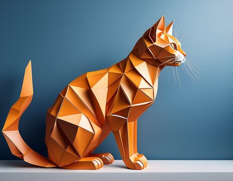 geometric orange tabby cat sculpture in profile sitting on a surface