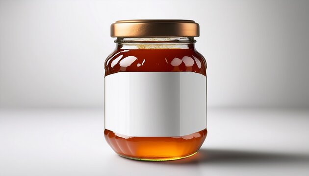 glass jar mockup for jam or honey with blank white label on white background minimal and realistic product display
