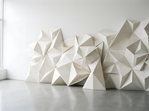 Abstract geometric paper sculpture installation against a light gray wall and floor