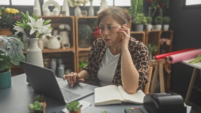 Woman florist writes in notebook with pen, hand resting on cheek, laptop open among vases, potted plants and wrapping rolls in a flower studio; weary planning.