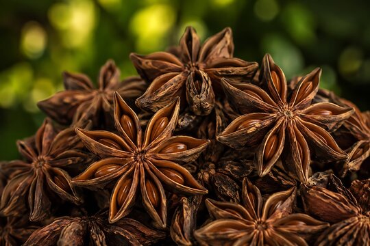 Star anise spice pods close up, aromatic dried seasoning for cooking and baking.