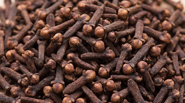Pile of dried aromatic whole cloves spice for cooking and culinary seasoning background