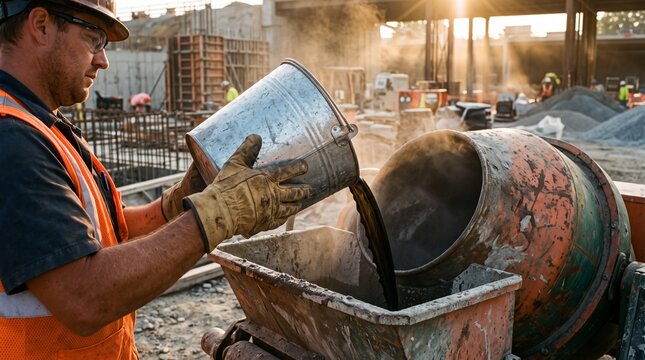 Industrial construction worker pouring liquid into a cement mixer, professional builder at a busy building site, manual labor in golden hour light