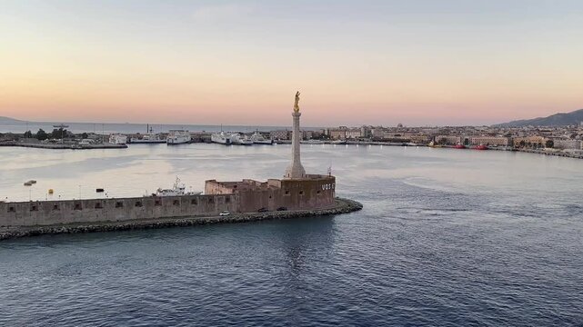 View from Cruise Ship of Madonna della Lettera in Messina at Sunrise